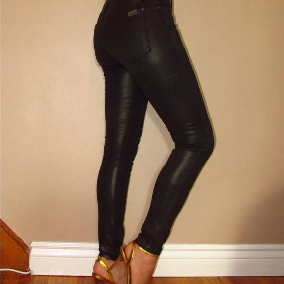 7 For All Mankind Skinny Low Rise Dark Green Coated Leather-look Jeans 24 25 new - Picture 2 of 9